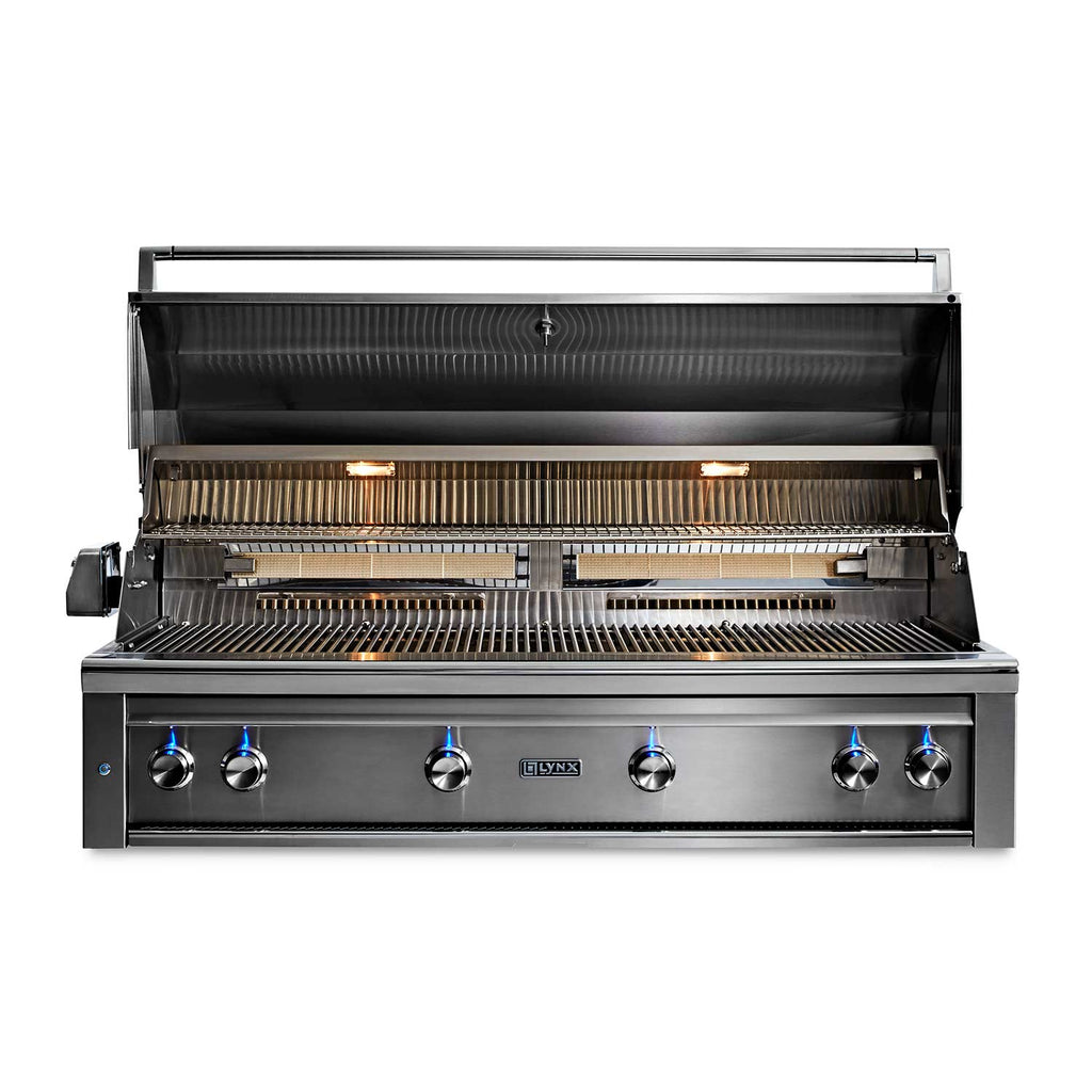 Built-in gas grill with open hood showing cooking grates, burners, and stainless front