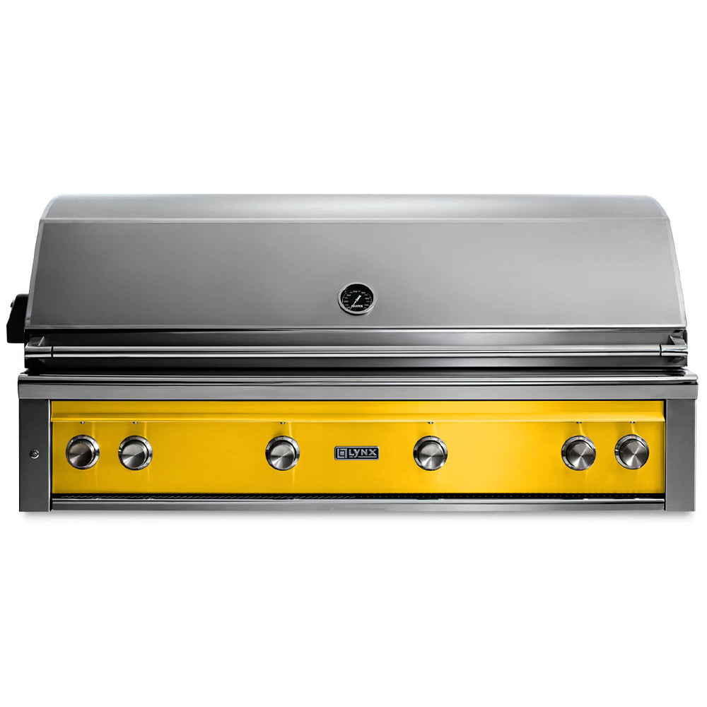 Built-in gas grill with stainless lid and yellow control panel, six knob controls.