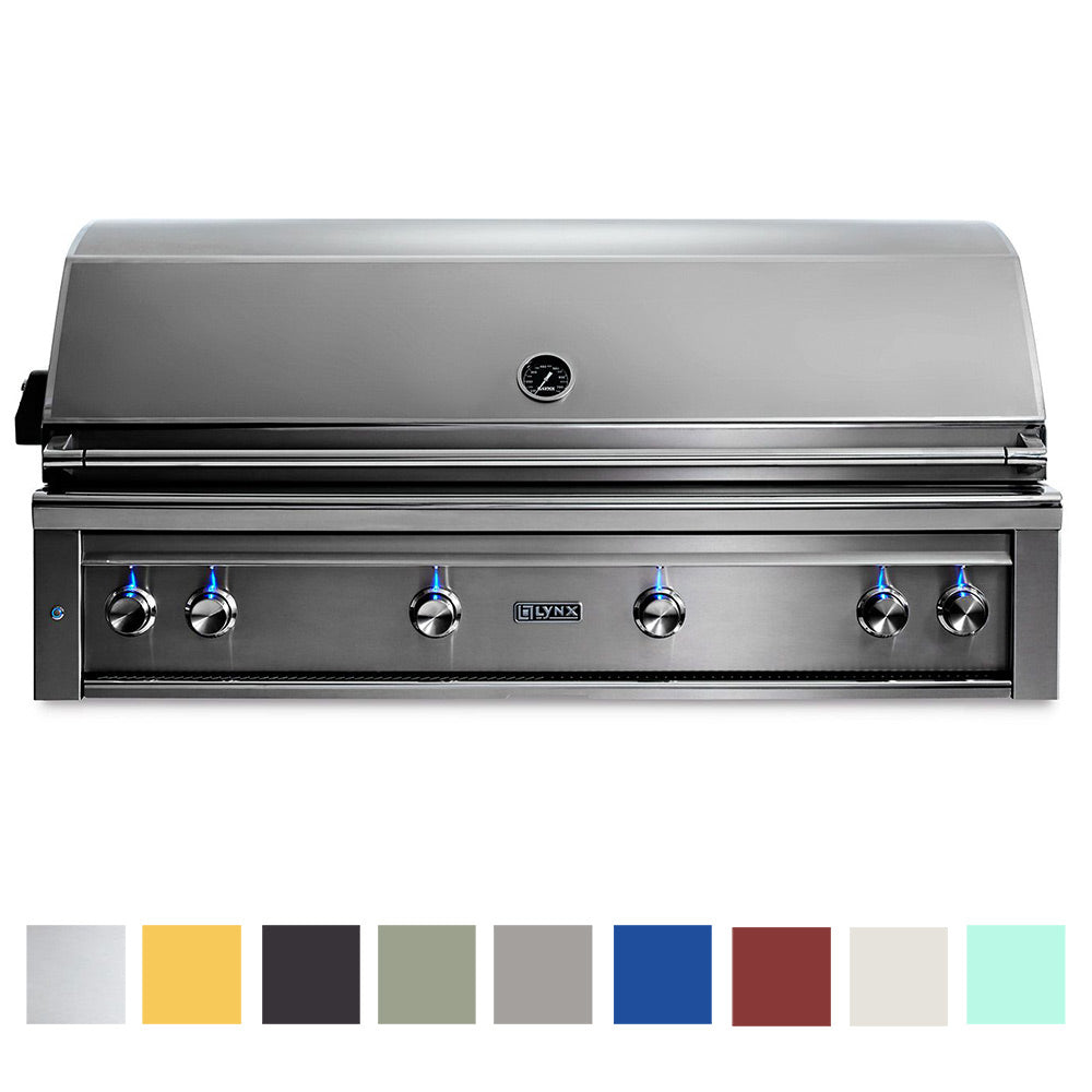 Built-in gas grill with stainless steel control panel and row of burner knobs