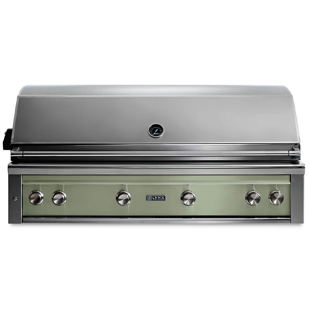 Built-in gas grill with stainless lid and sage green control panel, six knob controls.