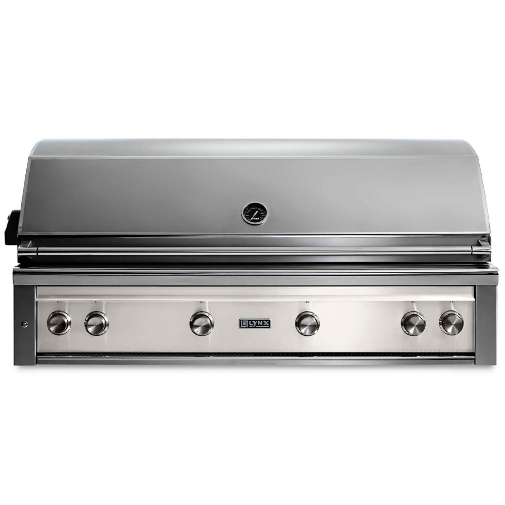 Built-in gas grill with stainless lid and silver control panel, six knob controls.