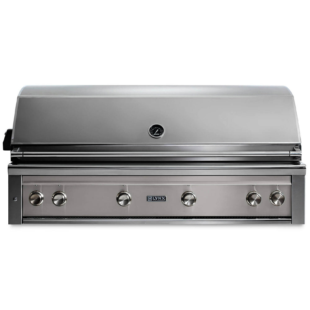 Built-in gas grill with stainless lid and light gray control panel, six knob controls.