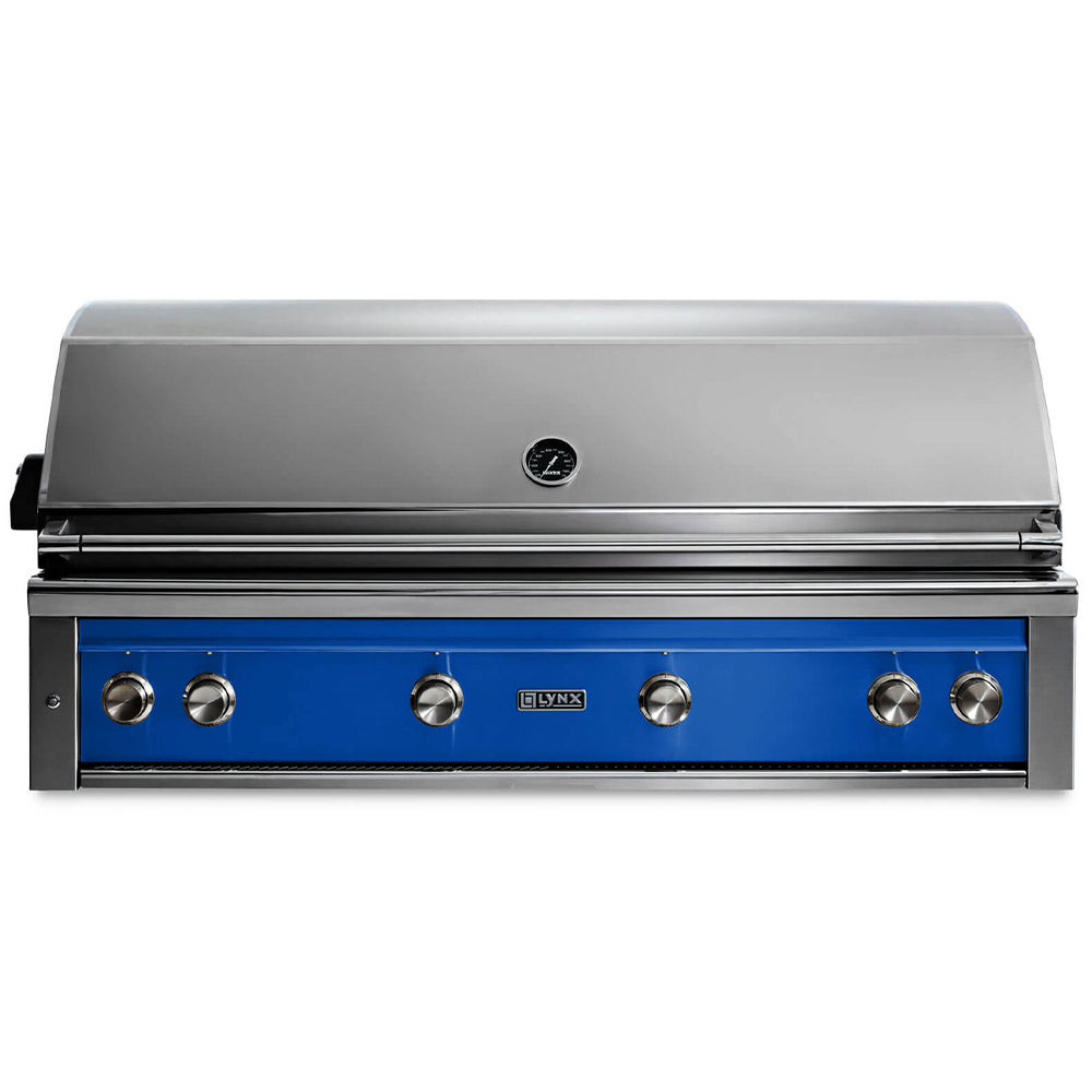 Built-in gas grill with stainless lid and blue control panel, six knob controls.