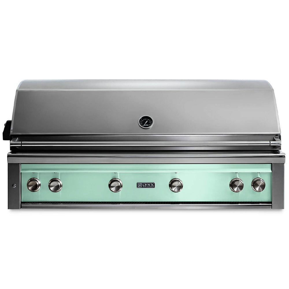 Built-in gas grill with stainless lid and teal green control panel, six knob controls.