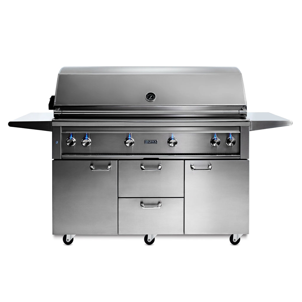 Stainless gas grill with burner knobs, side shelves, and wheeled cart