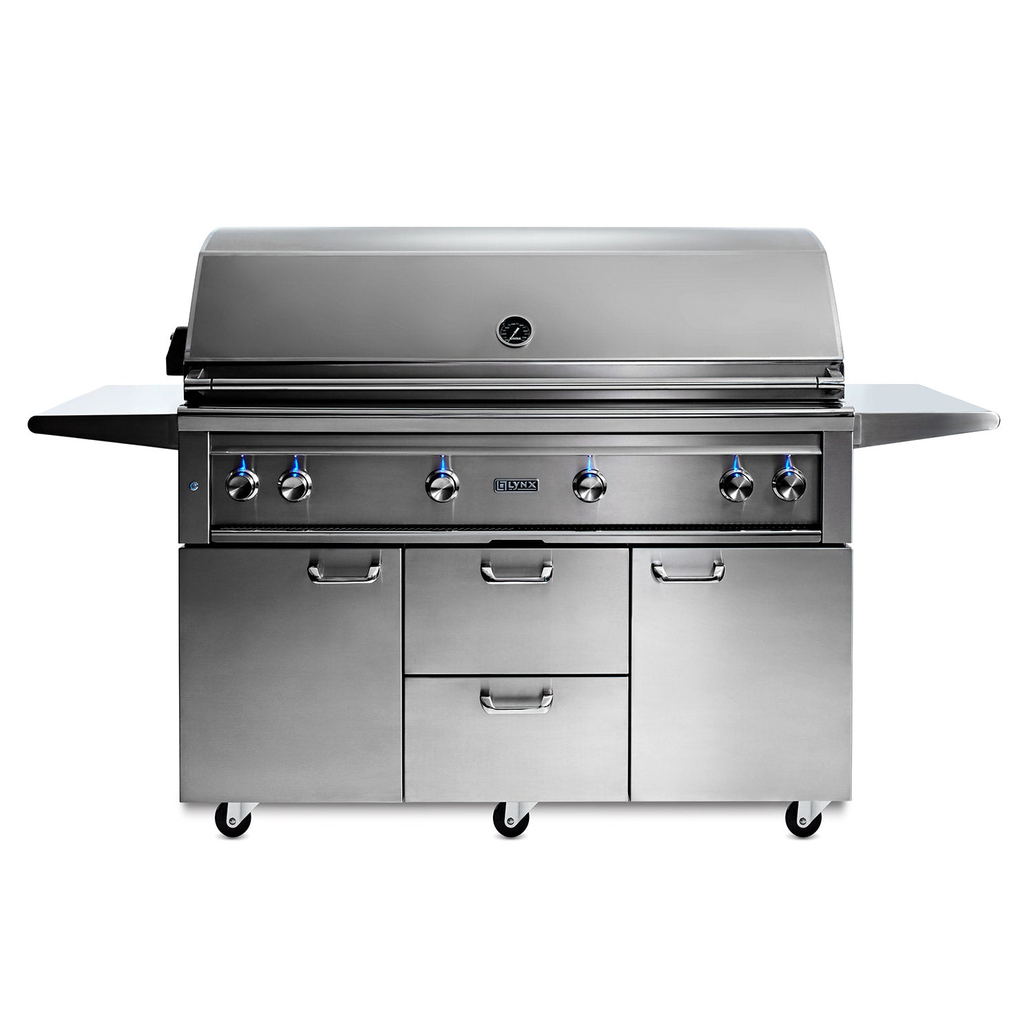 Stainless gas grill with burner knobs, side shelves, and wheeled cart