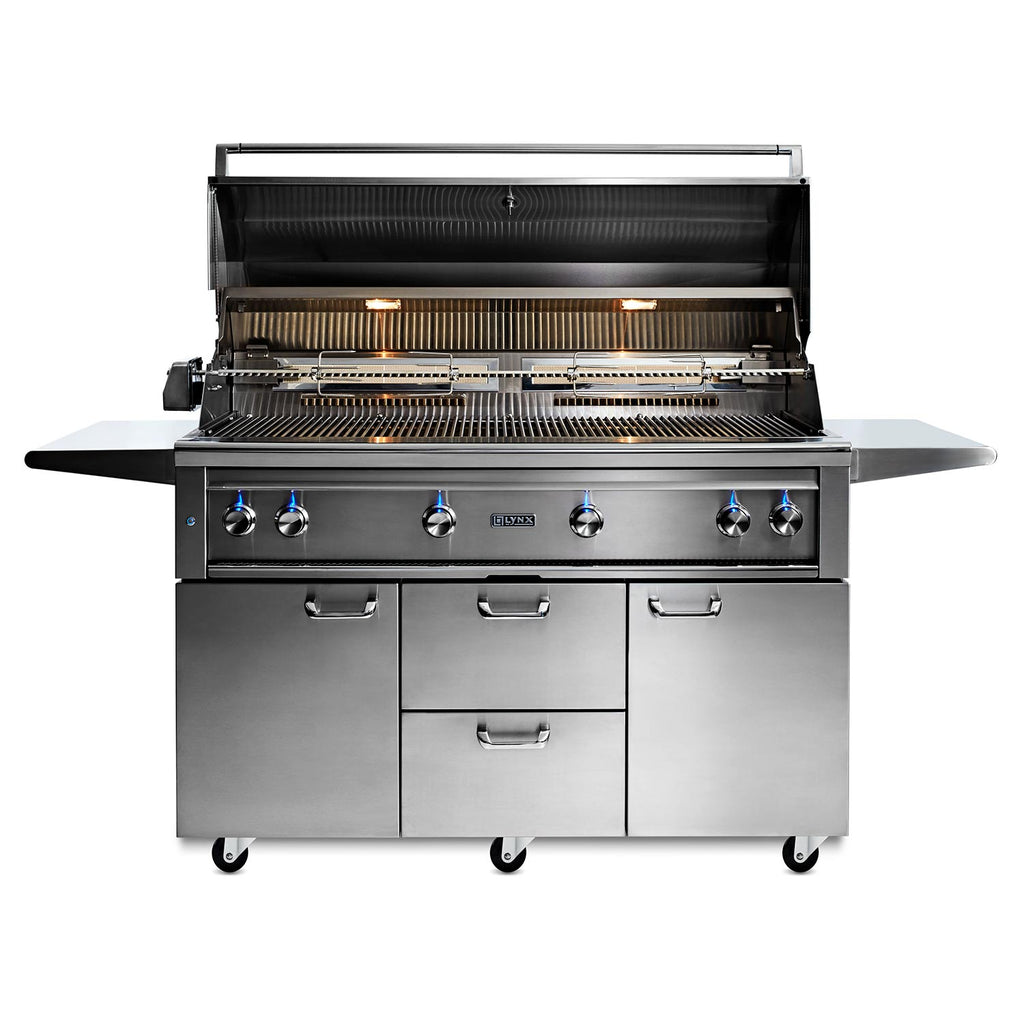 Stainless gas grill with open lid, cooking grates, and burner controls
