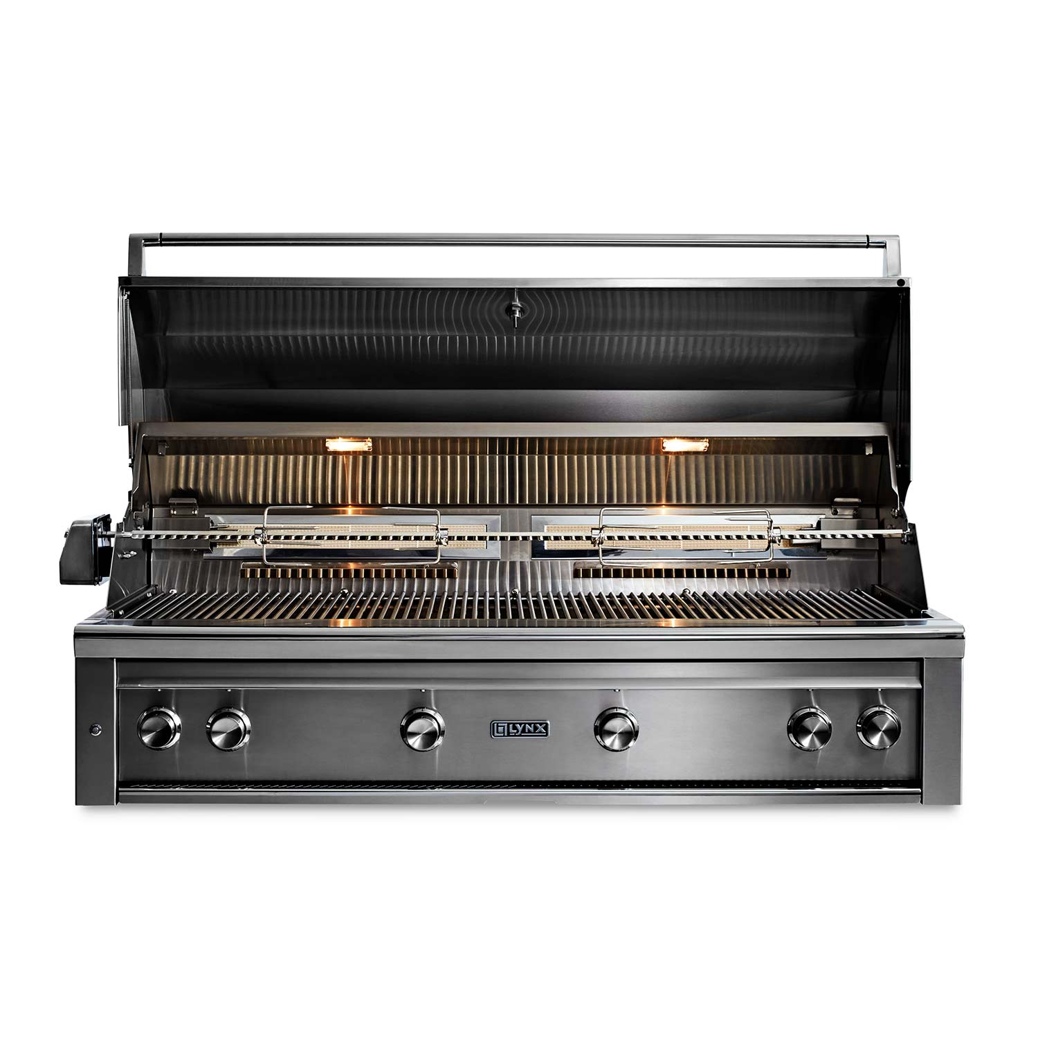 Stainless gas grill with open lid and exposed burner tubes over grates