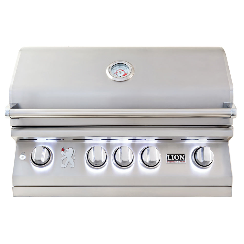 Stainless steel gas grill with control knobs and temperature gauge on front panel.