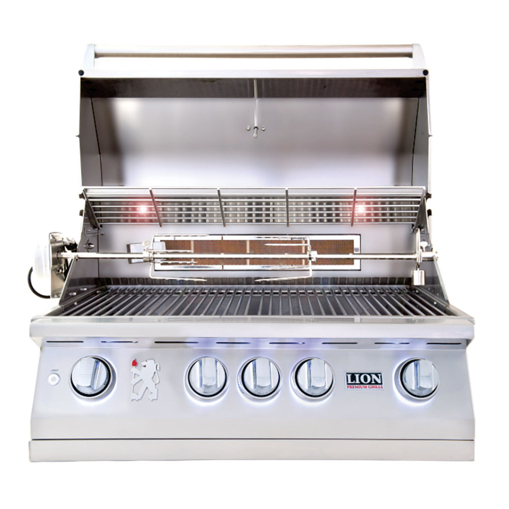 Stainless steel built-in gas grill with hood open, burners, and cooking grates.