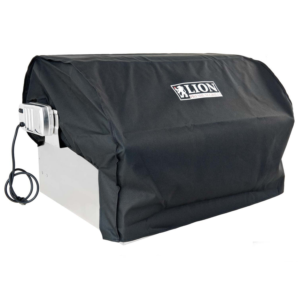 Black grill cover fitted over stainless steel built-in gas grill
