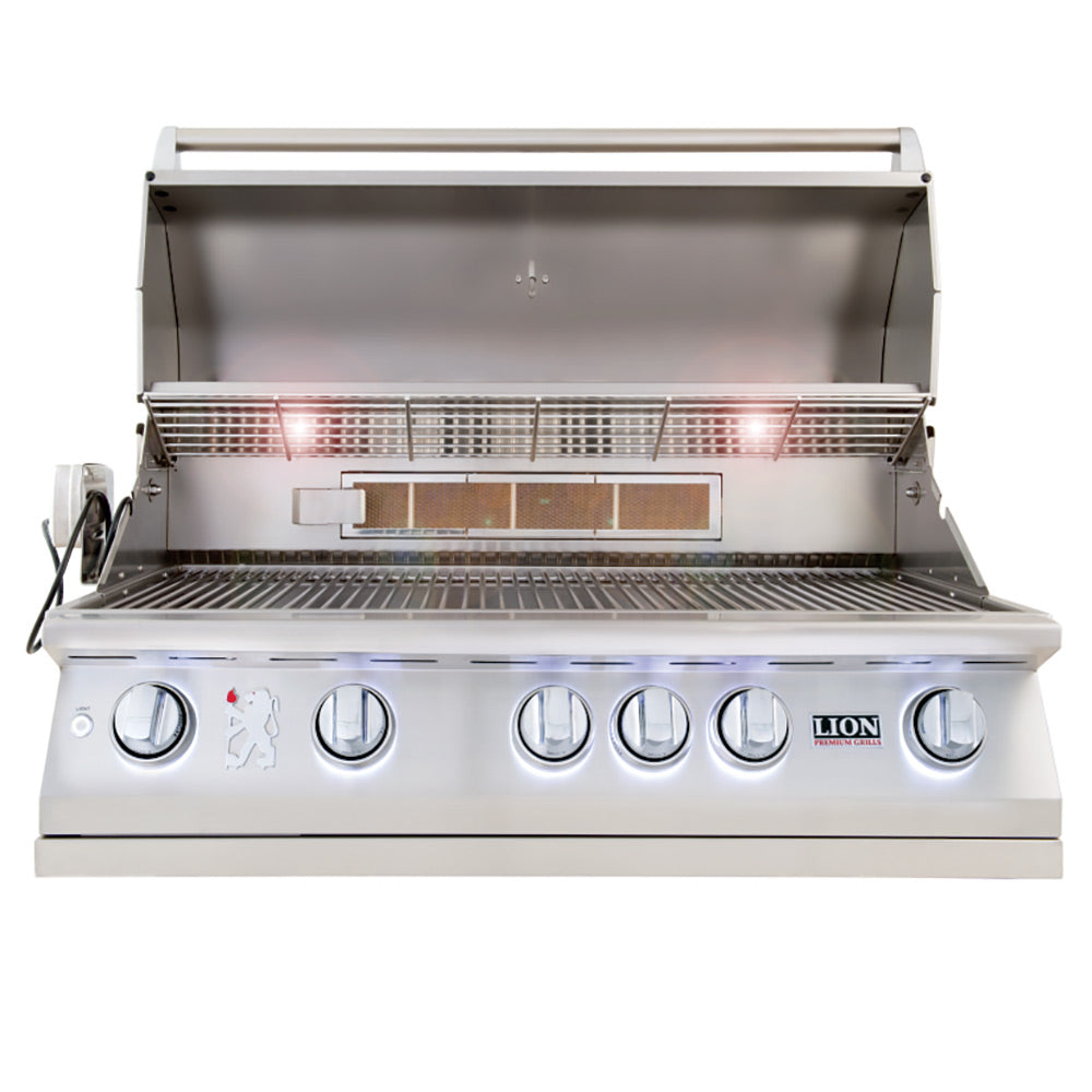 Open built-in stainless steel gas grill with warming rack and grates exposed