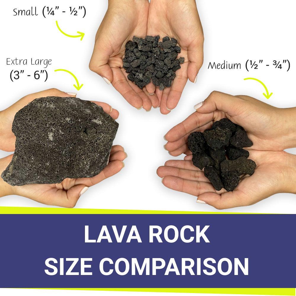 Lava rocks in different sizes held in hands, black porous chunks for firepit use