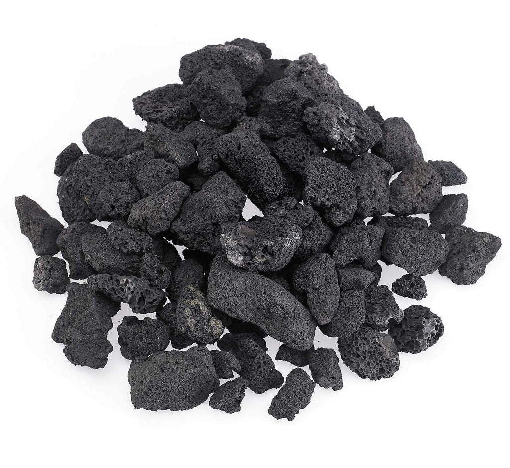 Lava rocks, dark black, medium-sized pieces piled for fire features.