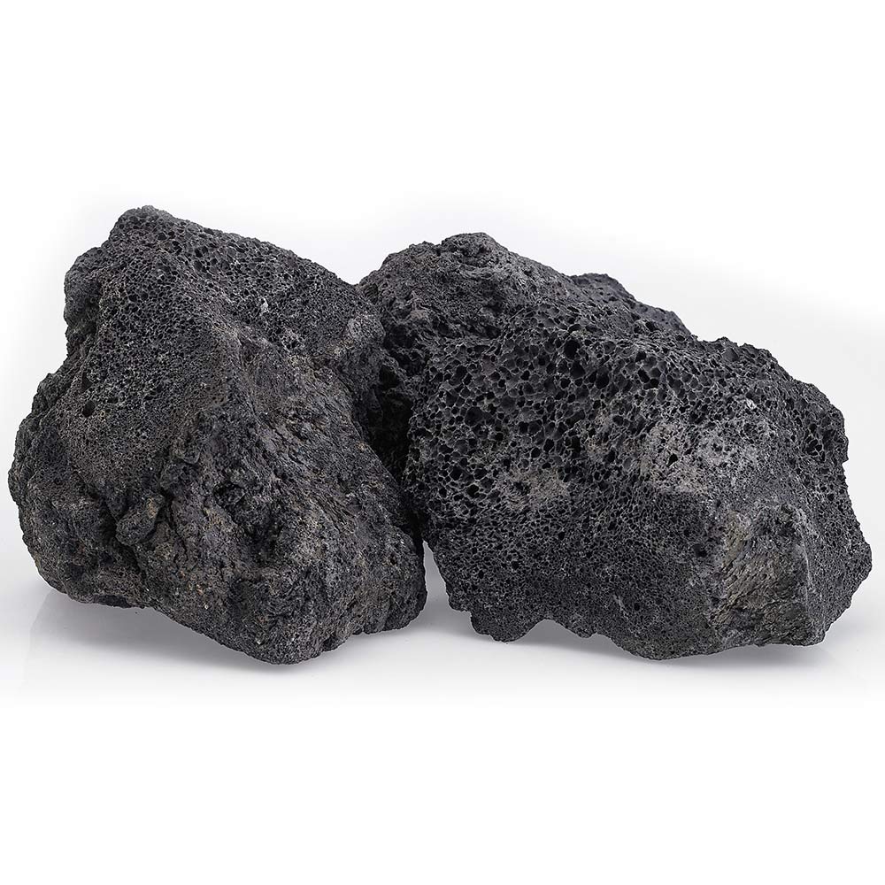 Black lava rock chunks with rough, porous surface and irregular shapes for firepits