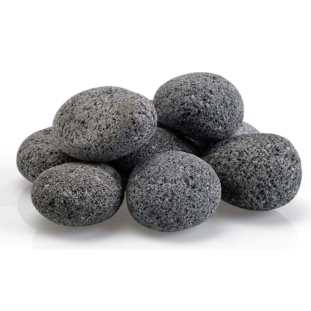 Gray lava stones, assorted smooth rounded rocks, compact pile