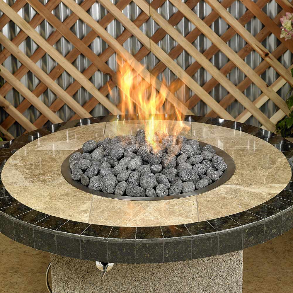 Gray lava stones in a circular fire pit, medium 1–2 inch size with active flames