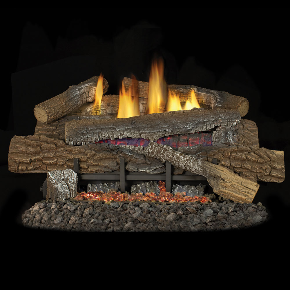 Vent-free gas log set with faux boulder concrete logs and glowing flames