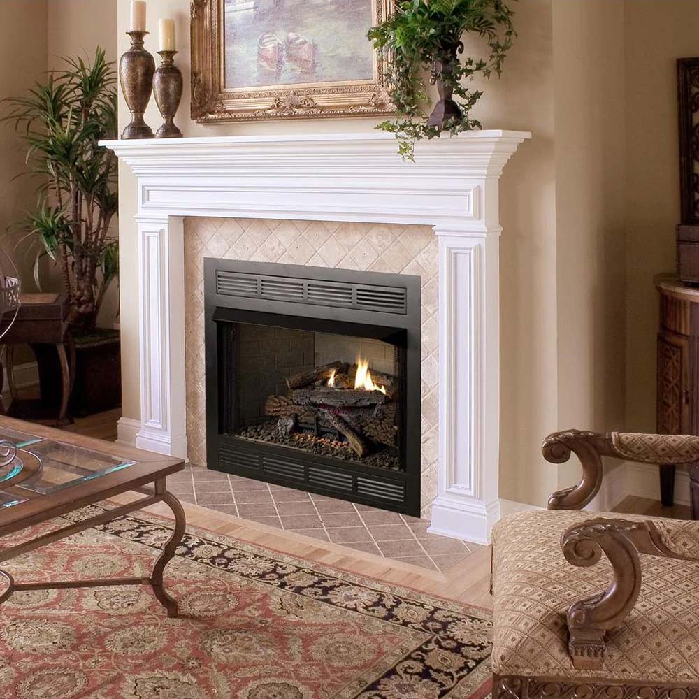 Vent-free gas log fireplace insert with faux boulder concrete logs and ember bed