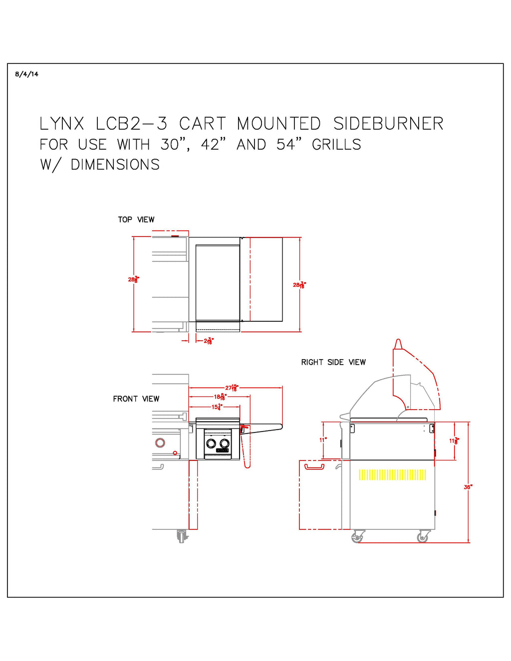 Cart-mounted double side burner line diagram with front and side measurements