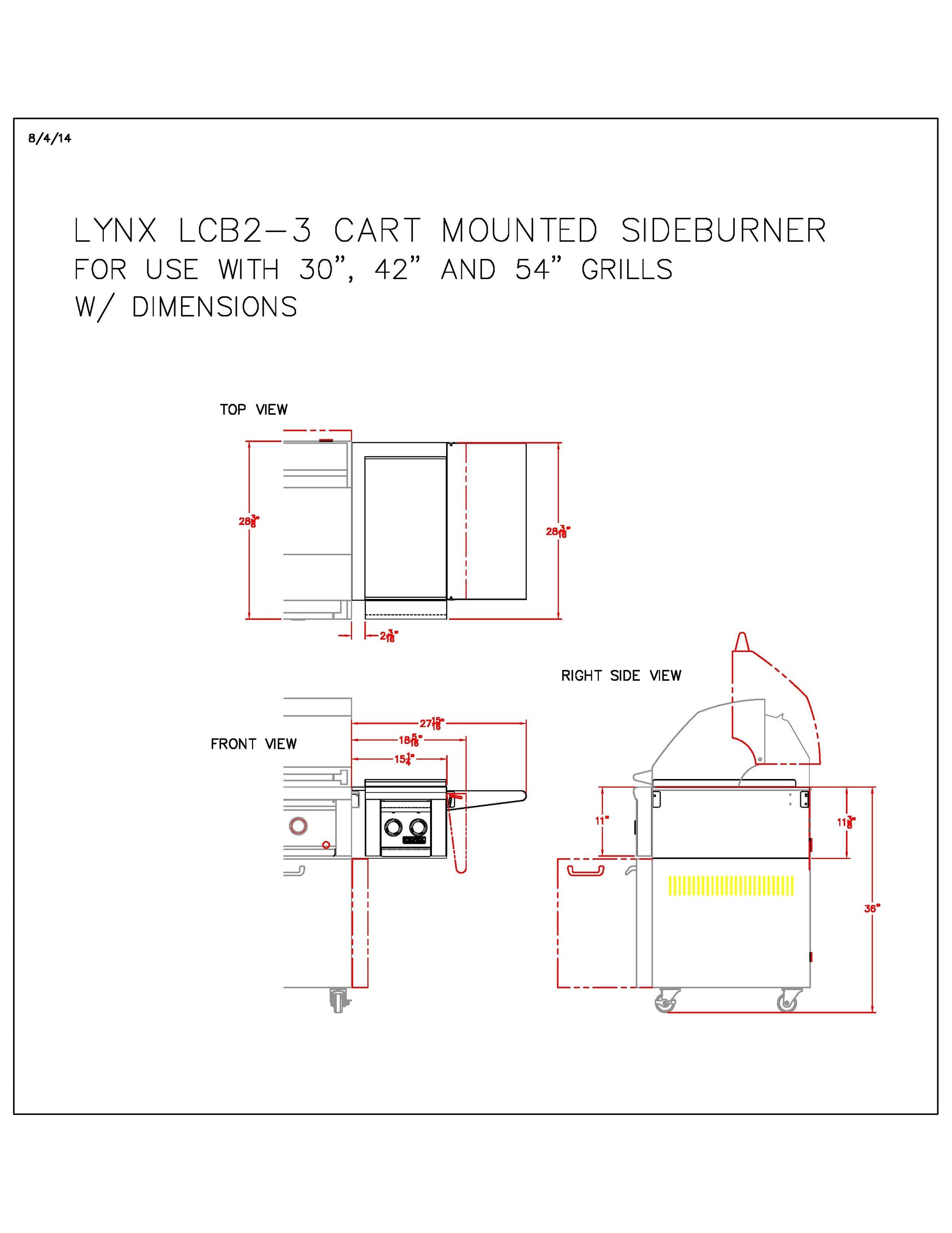 Cart-mounted double side burner line diagram with front and side measurements