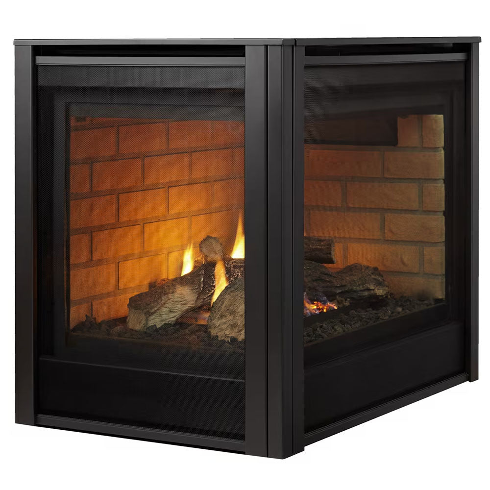Black left corner gas fireplace with multi-sided glass front and burning logs