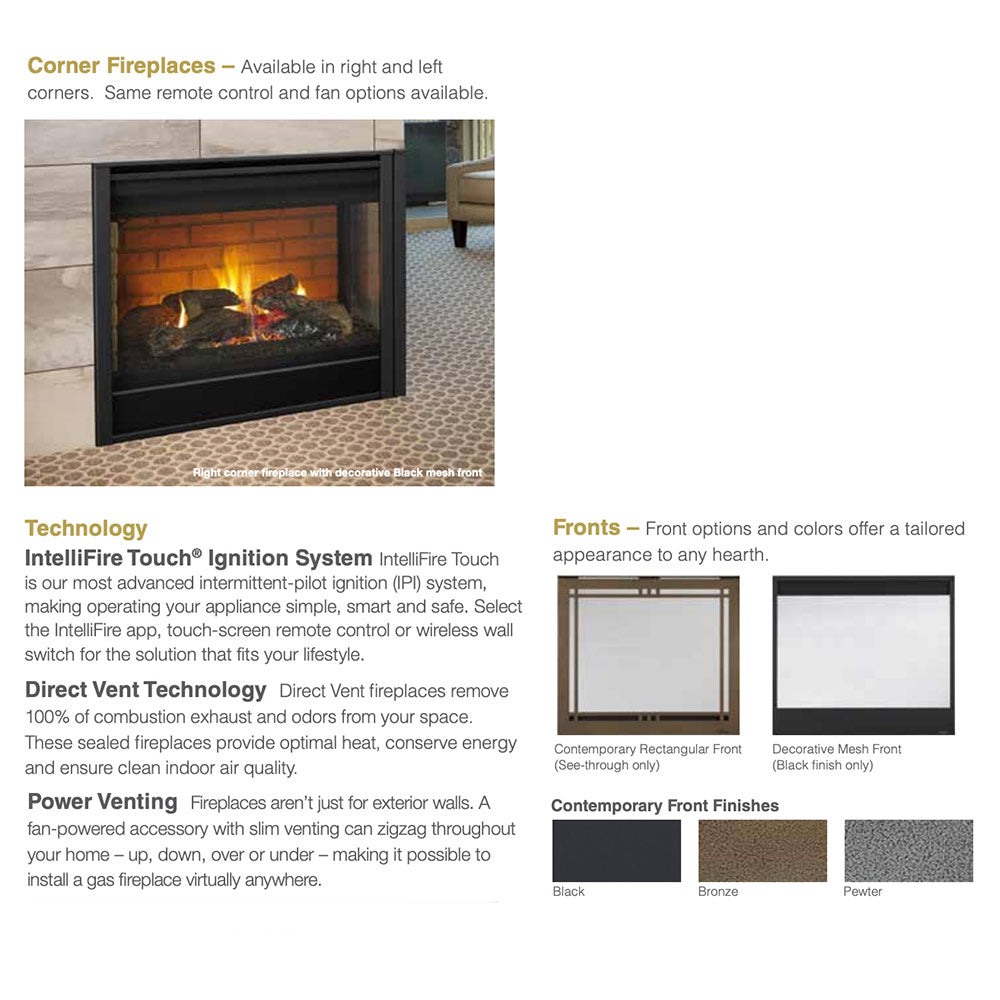 Majestic 36-Inch Direct Vent Multi-Sided Right Corner Gas Fireplace with IntelliFire Ignition