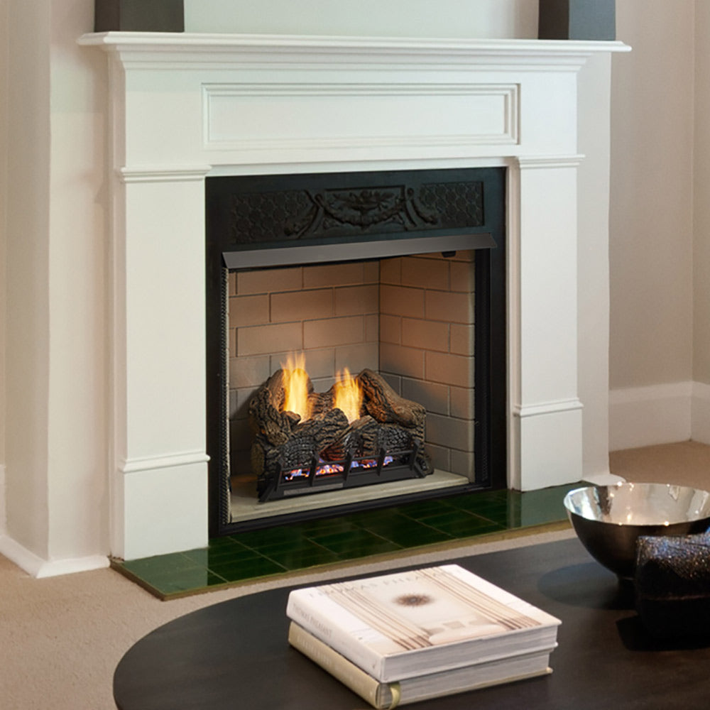 Vent-free gas fireplace insert with white mantel, burning gas logs in firebox