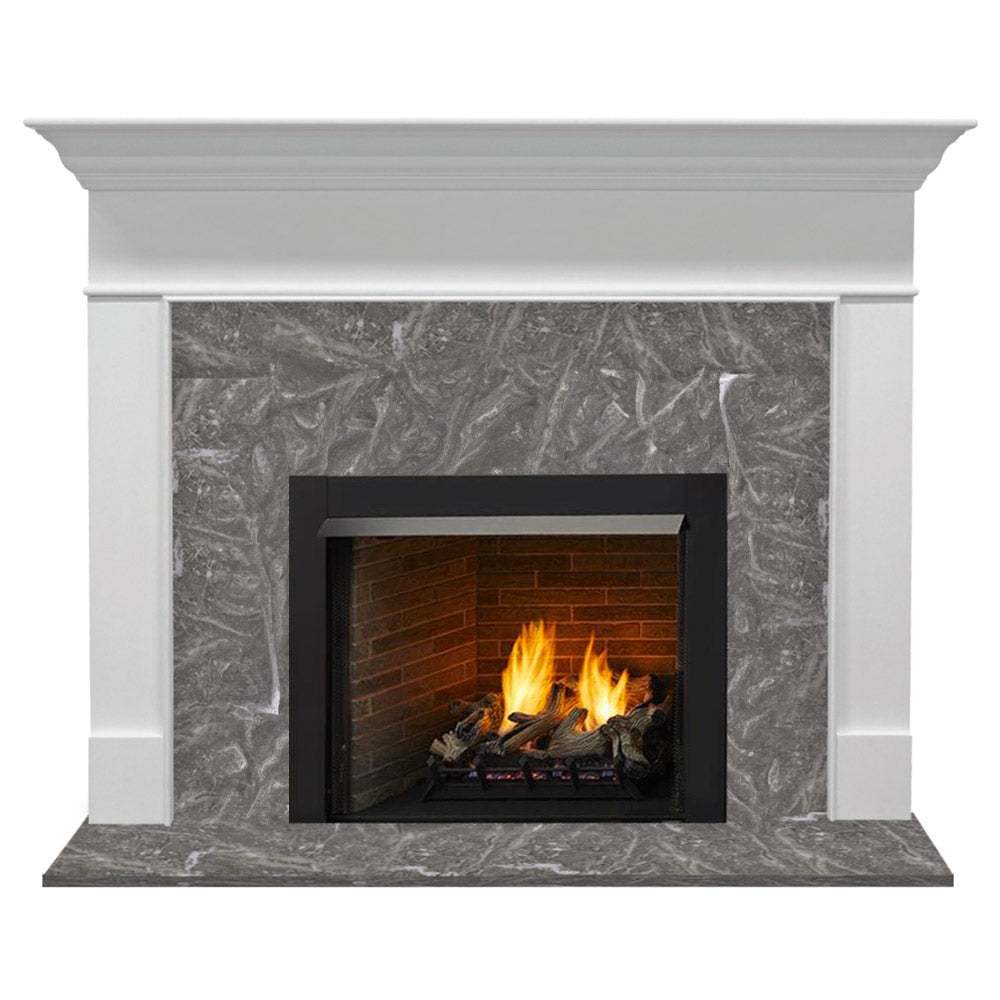 White flush mantel fireplace with gray stone surround and black vent-free firebox, flames