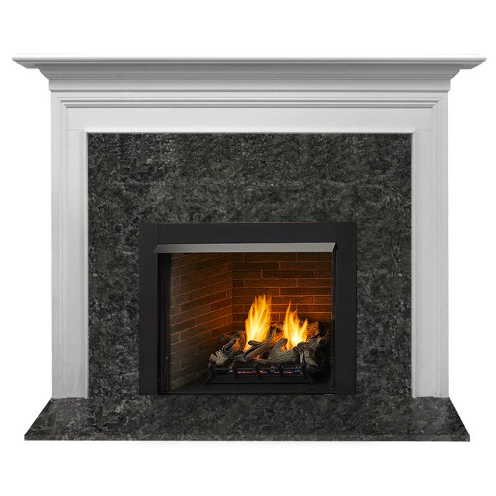Primed MDF fireplace mantel with dark inset firebox, glass front, and burning flames