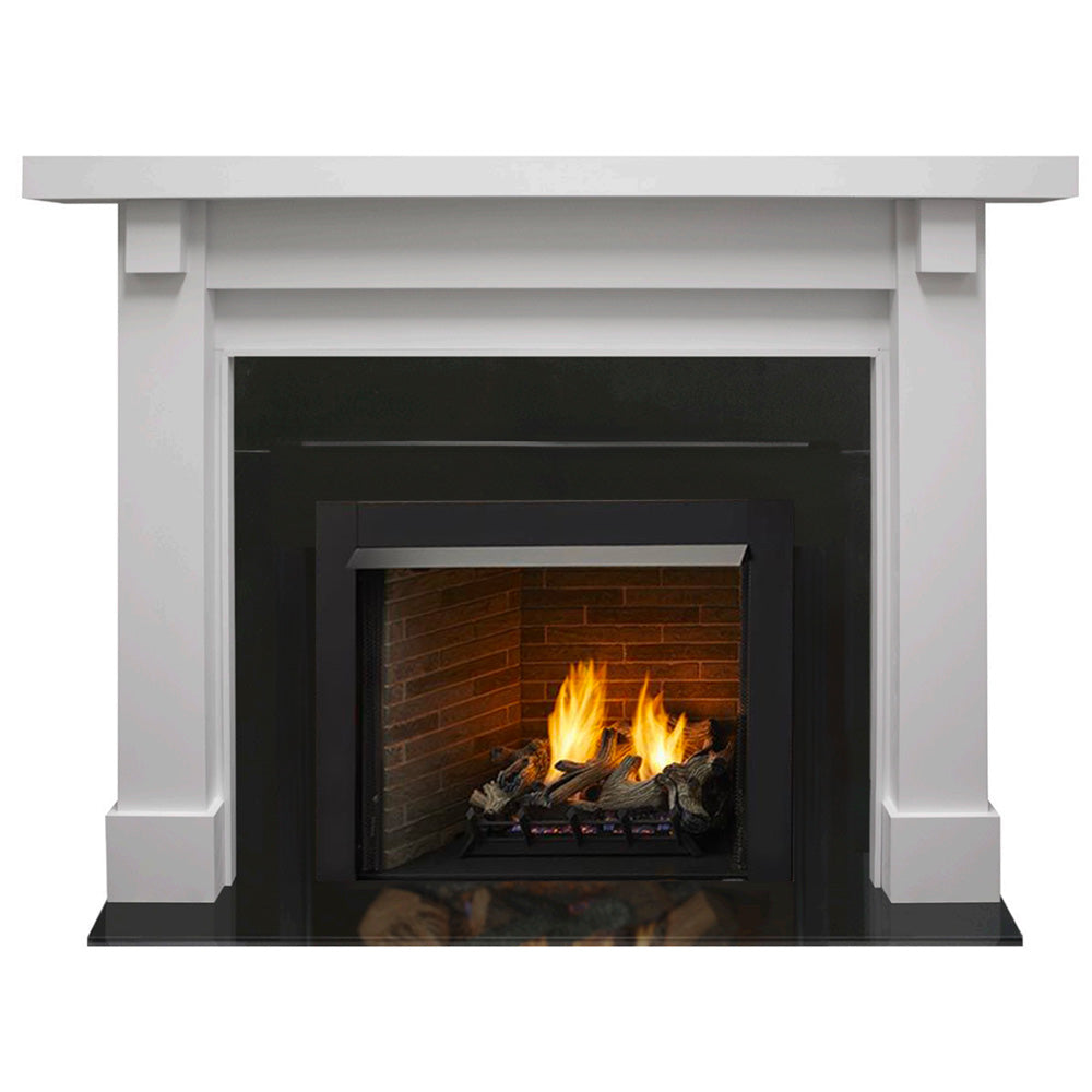 Vent-free fireplace mantel with burning logs in black firebox insert
