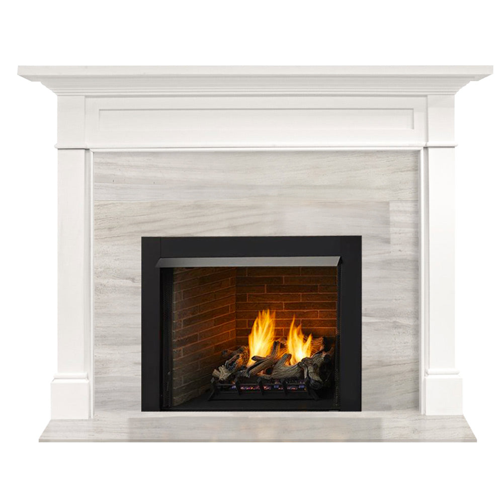 White flush mantel fireplace with black vent-free firebox and burning flames behind glass