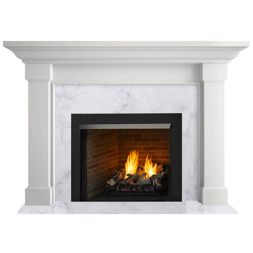 White mantel with black vent-free firebox and visible flames