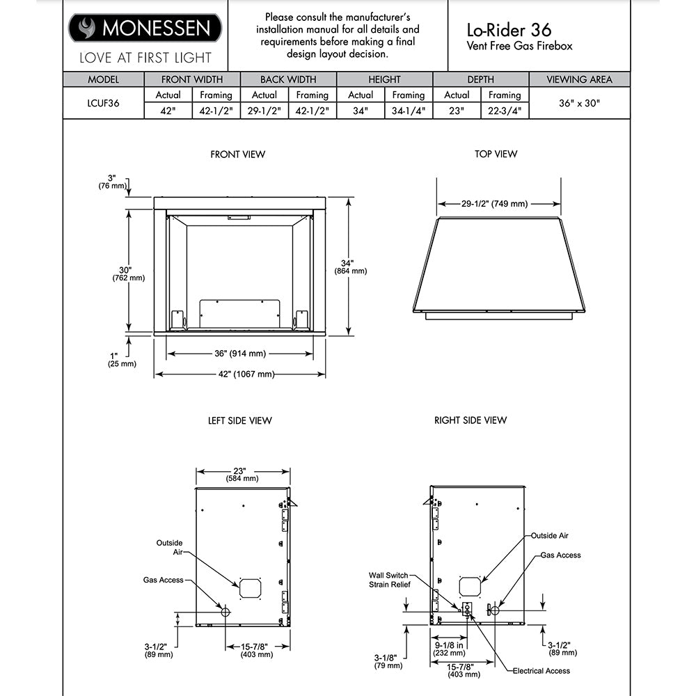 Lo-Rider 36 vent free gas firebox dimension diagram with labeled views
