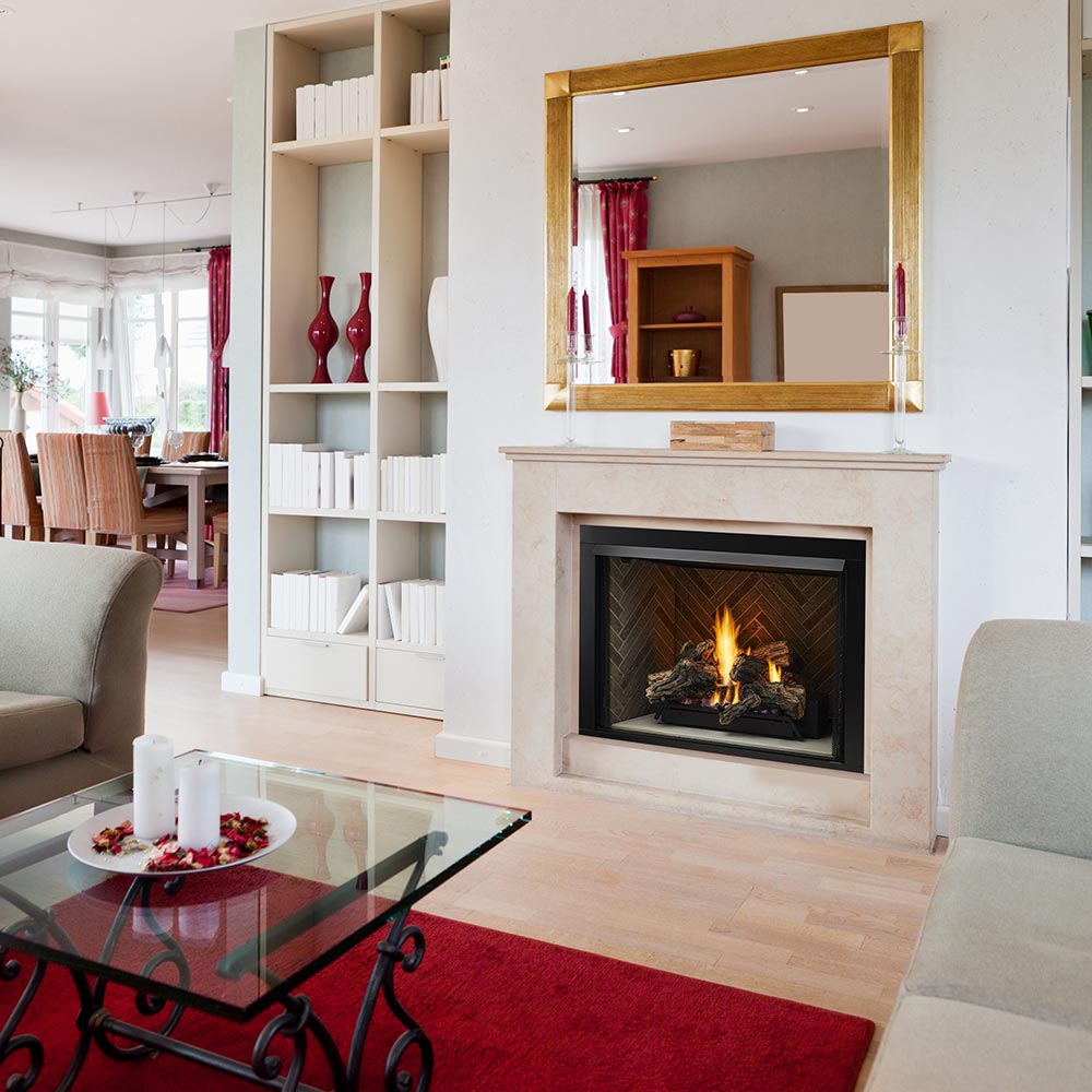 Vent-free gas fireplace insert in white mantel with burning logs and hearth