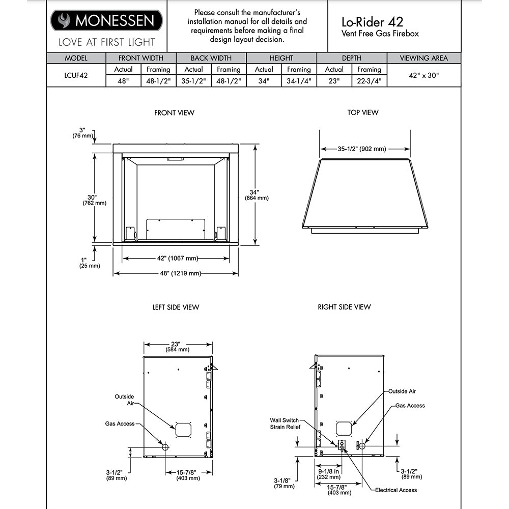 Vent-free gas fireplace dimensions diagram with front and side views