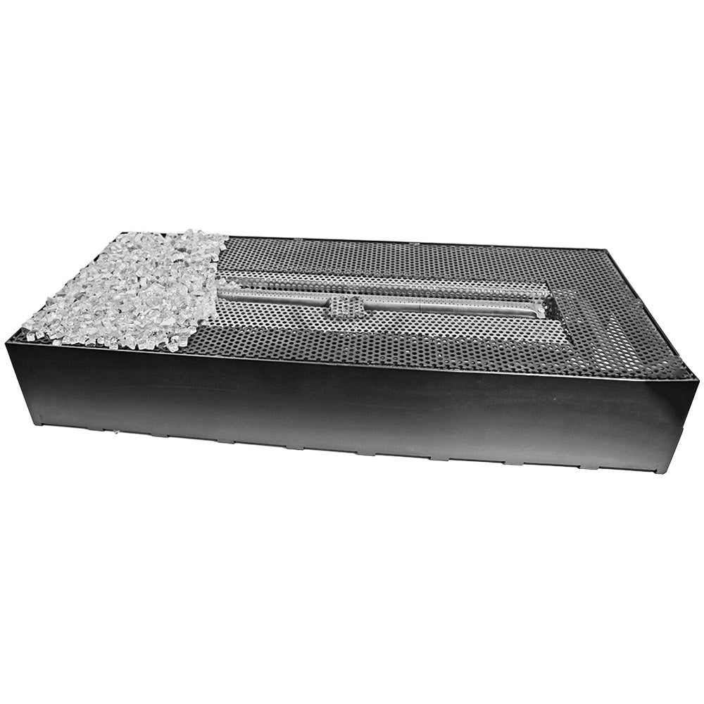 Dark metal linear drop-in vented burner with decorative glass tray