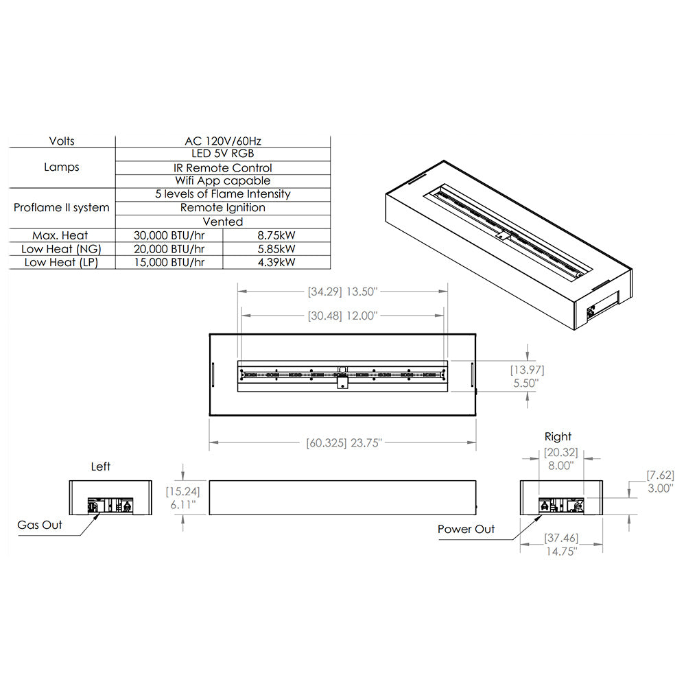 Vented linear drop-in burner diagram with remote control and measurements