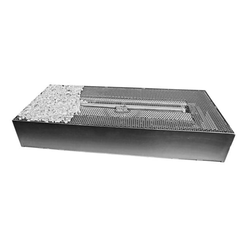 Drop-in gas burner system tray with decorative metal grate and control components