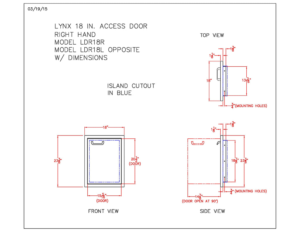 Access door dimension diagram with island cutout in blue and mounting holes