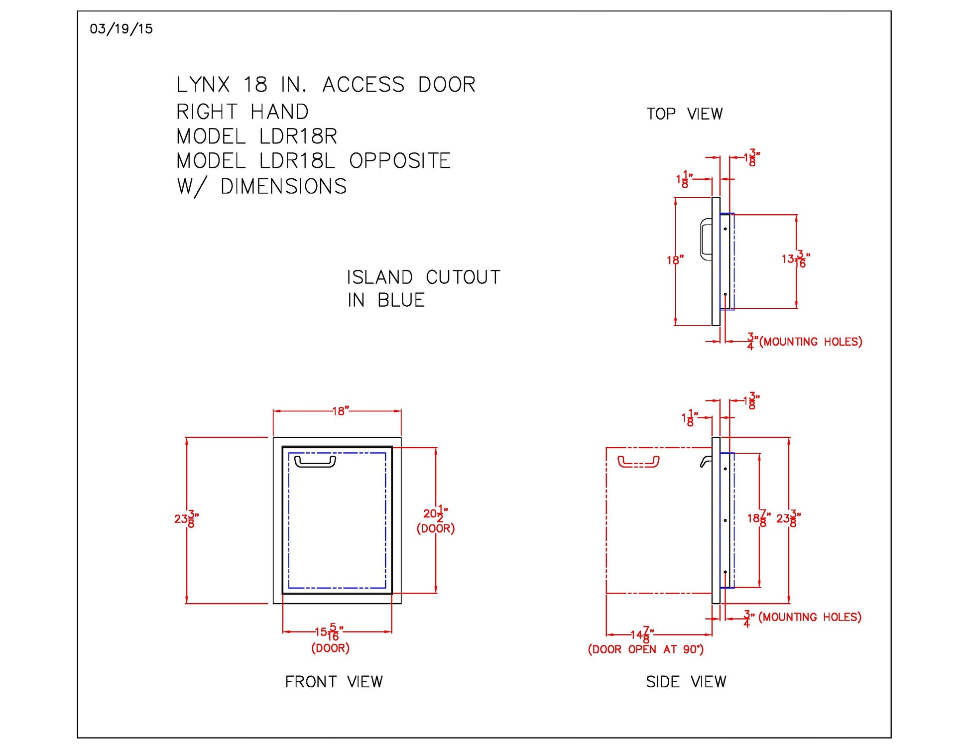 Access door dimension diagram with island cutout in blue and mounting holes