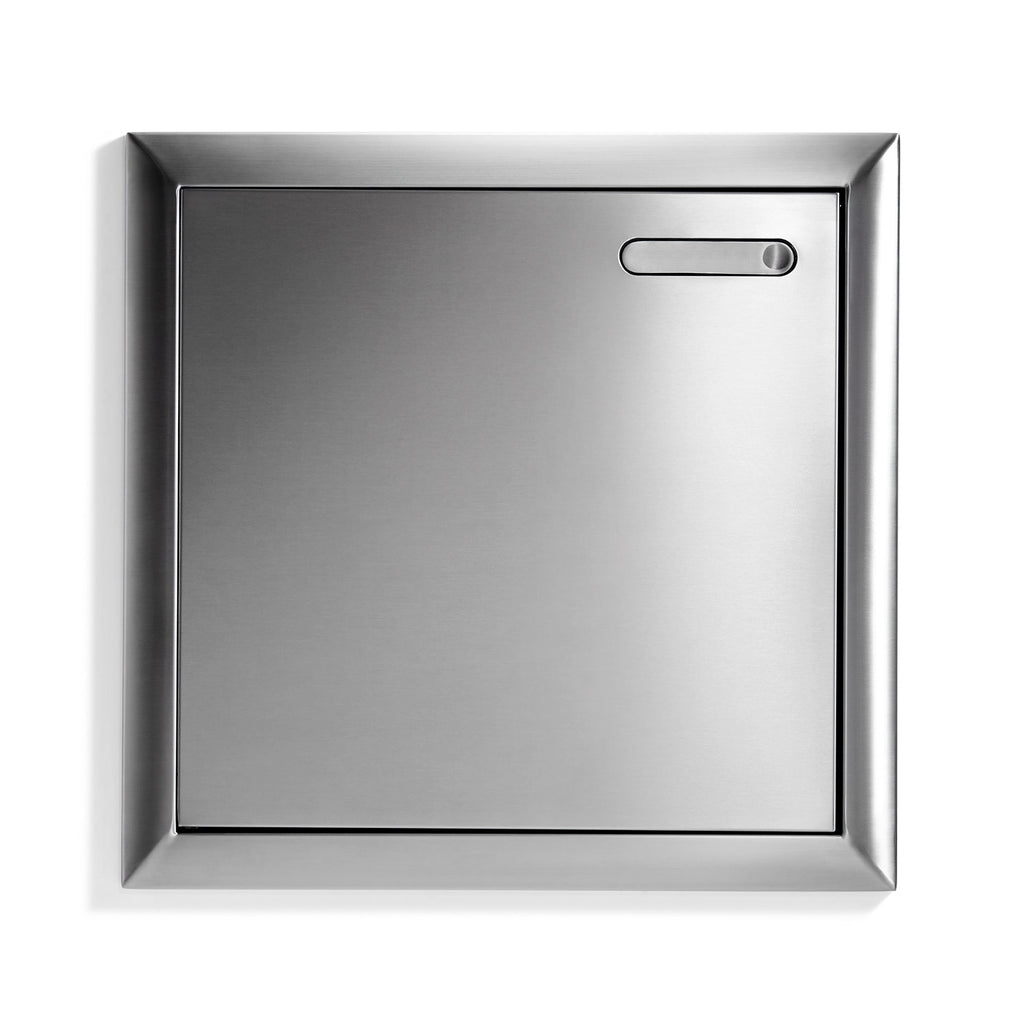 Ventana access door frame with small pull handle, stainless steel finish