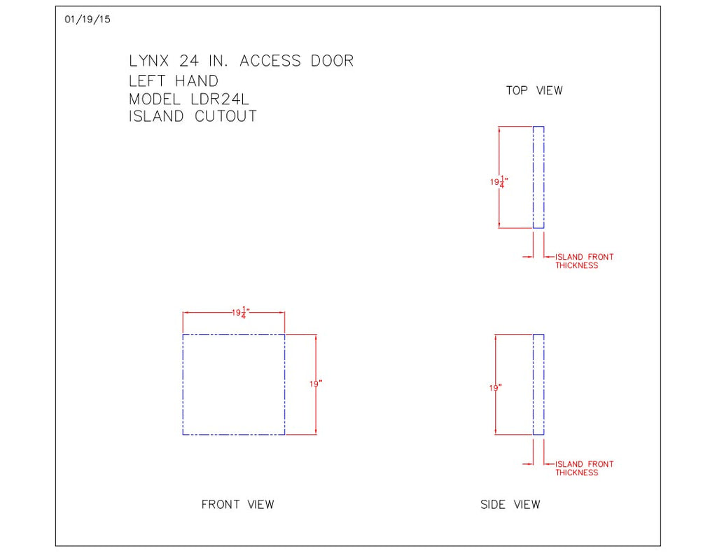 Framed access door technical drawing with front and side views, show dimensions.