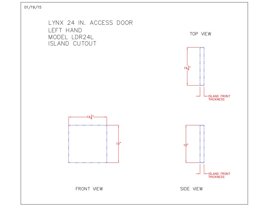 Framed access door technical drawing with front and side views, show dimensions.