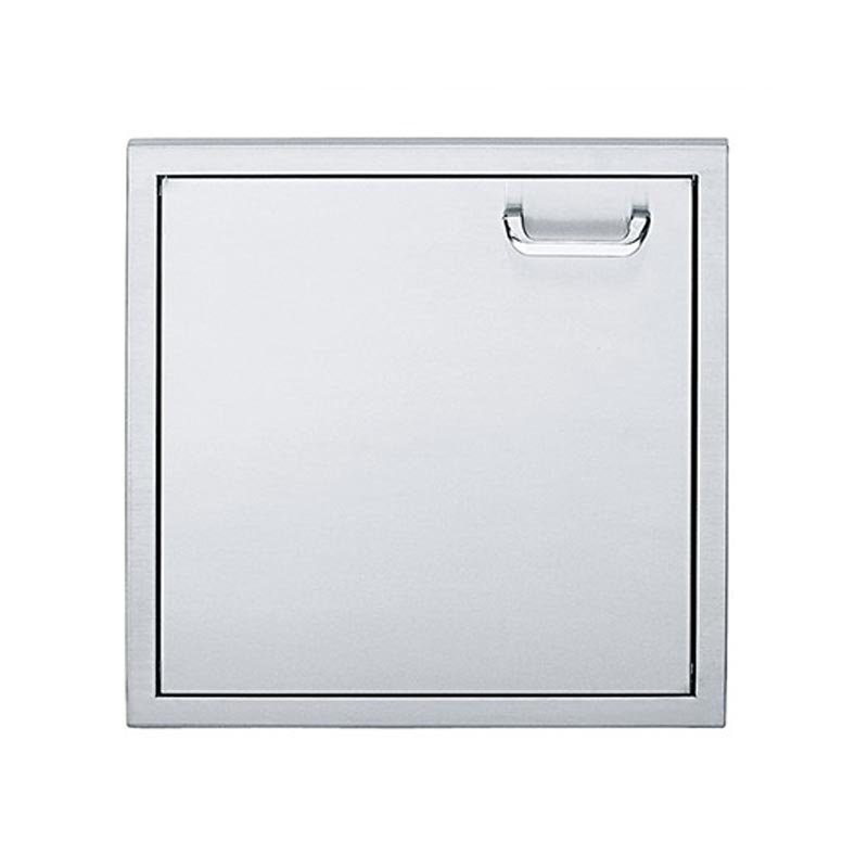 Square access door with metal frame and recessed top latch handle, light gray panel.