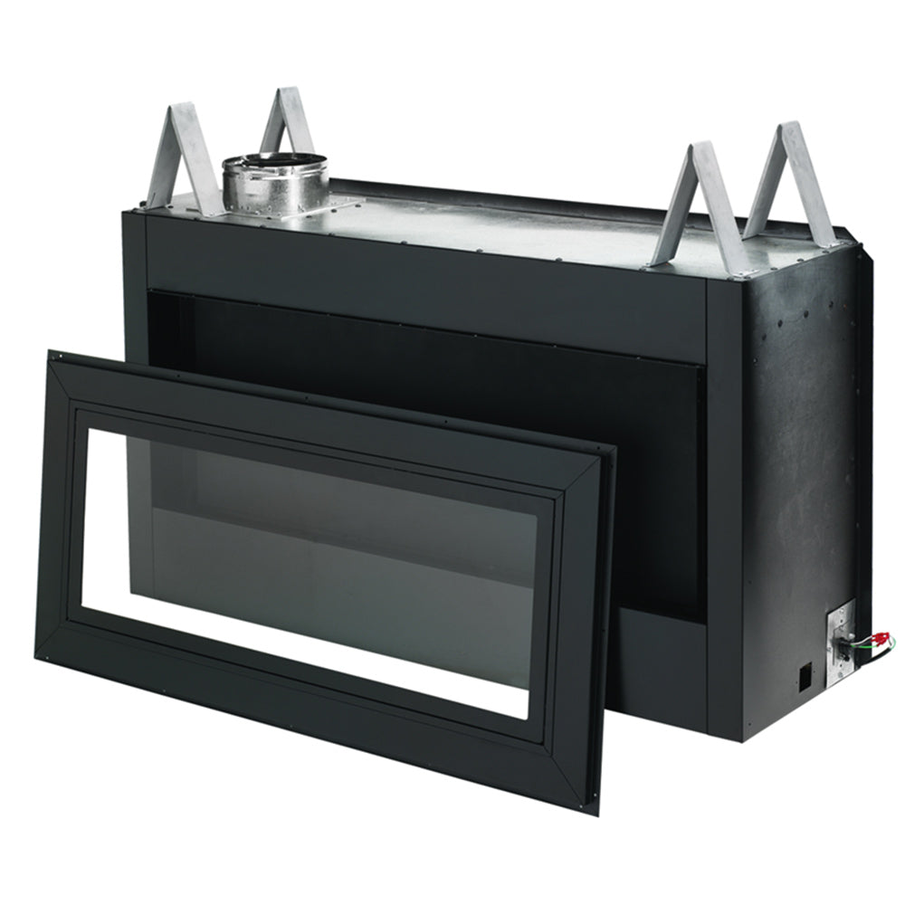 Linear gas fireplace conversion kit with black metal frame and tempered glass panel