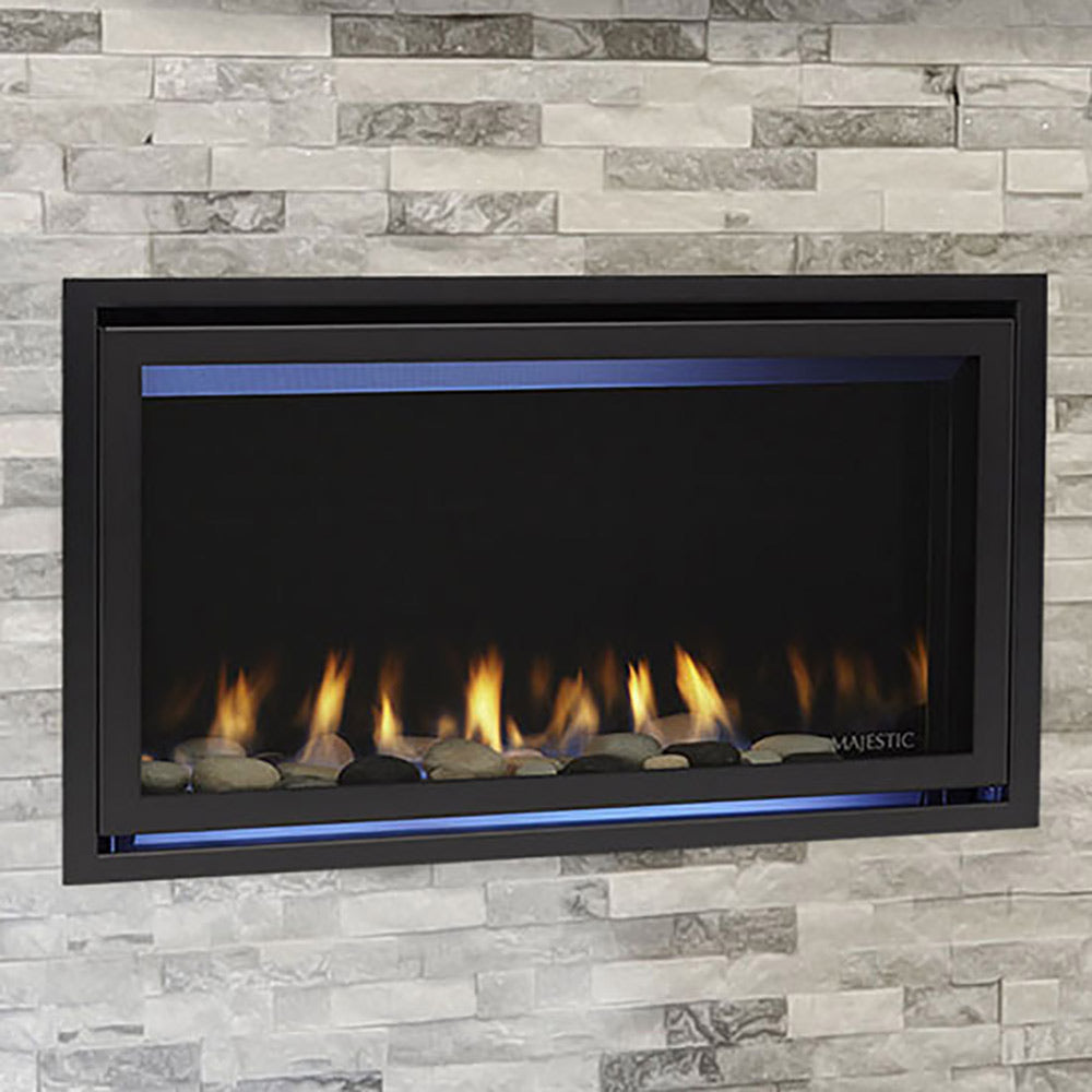 Black electric fireplace with blue LED accents and flames