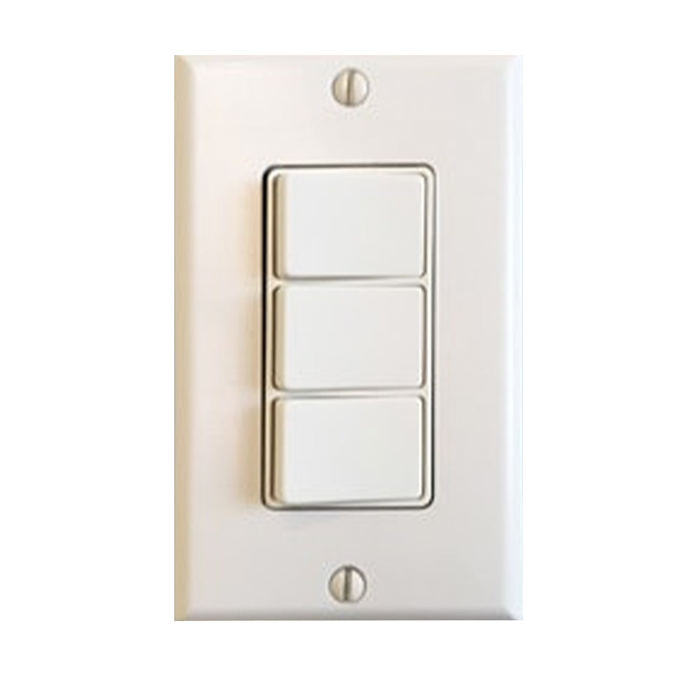 Three-toggle LED accent lighting control switch with white faceplate and chrome buttons