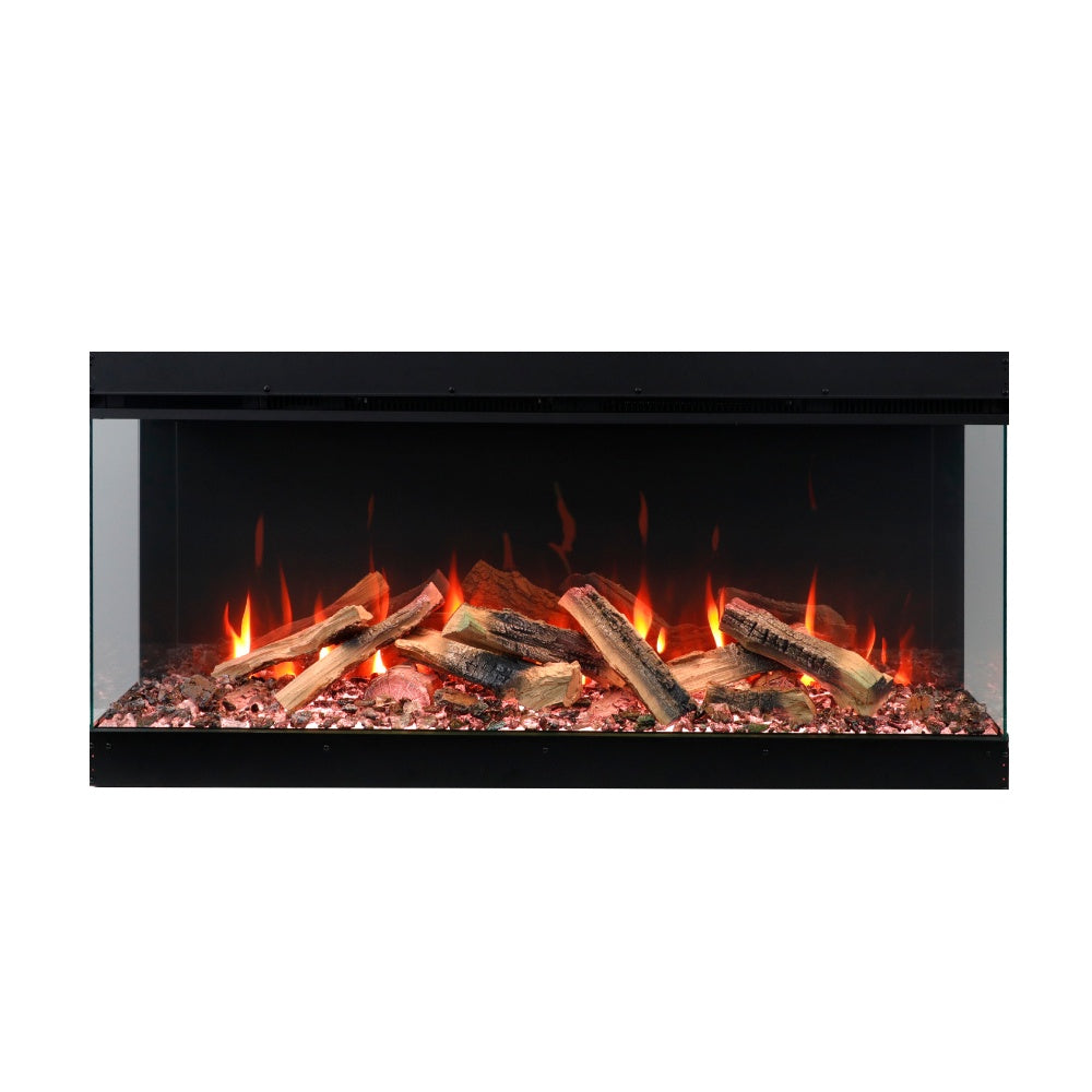 Black-framed electric fireplace with burning logs and bright orange flame effect