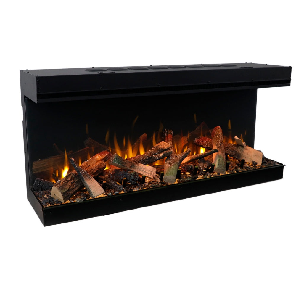 Three-sided electric fireplace insert with black housing and burning log display